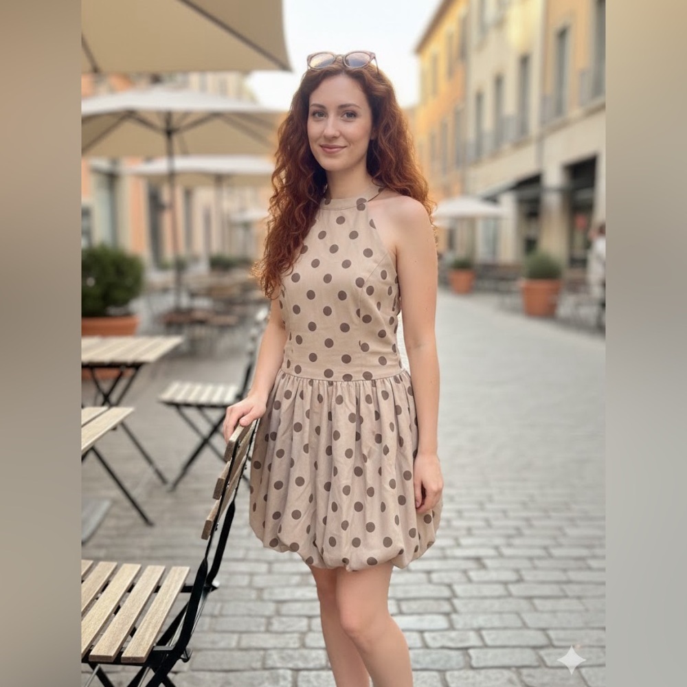 Klesis Vault 206 Taupe Polka Dot Halter Bubble Hem Mini Dress - Size M